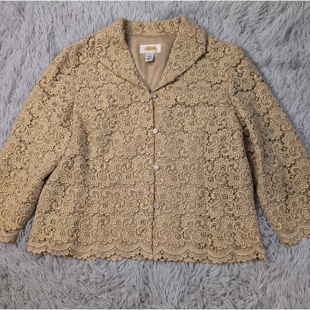 Vintage Talbots Jacket Womens 12 Petite Gold Lace Blazer Preppy Career Button Up